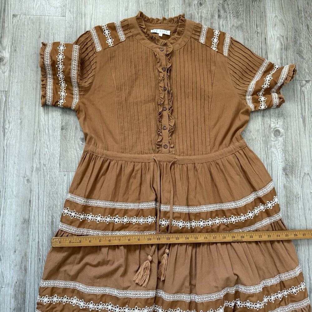 Ivy City Co. Cotton Santorini Dress L Brown Tiered Lace Trim Pintuck Midi Boho - Picture 10 of 10